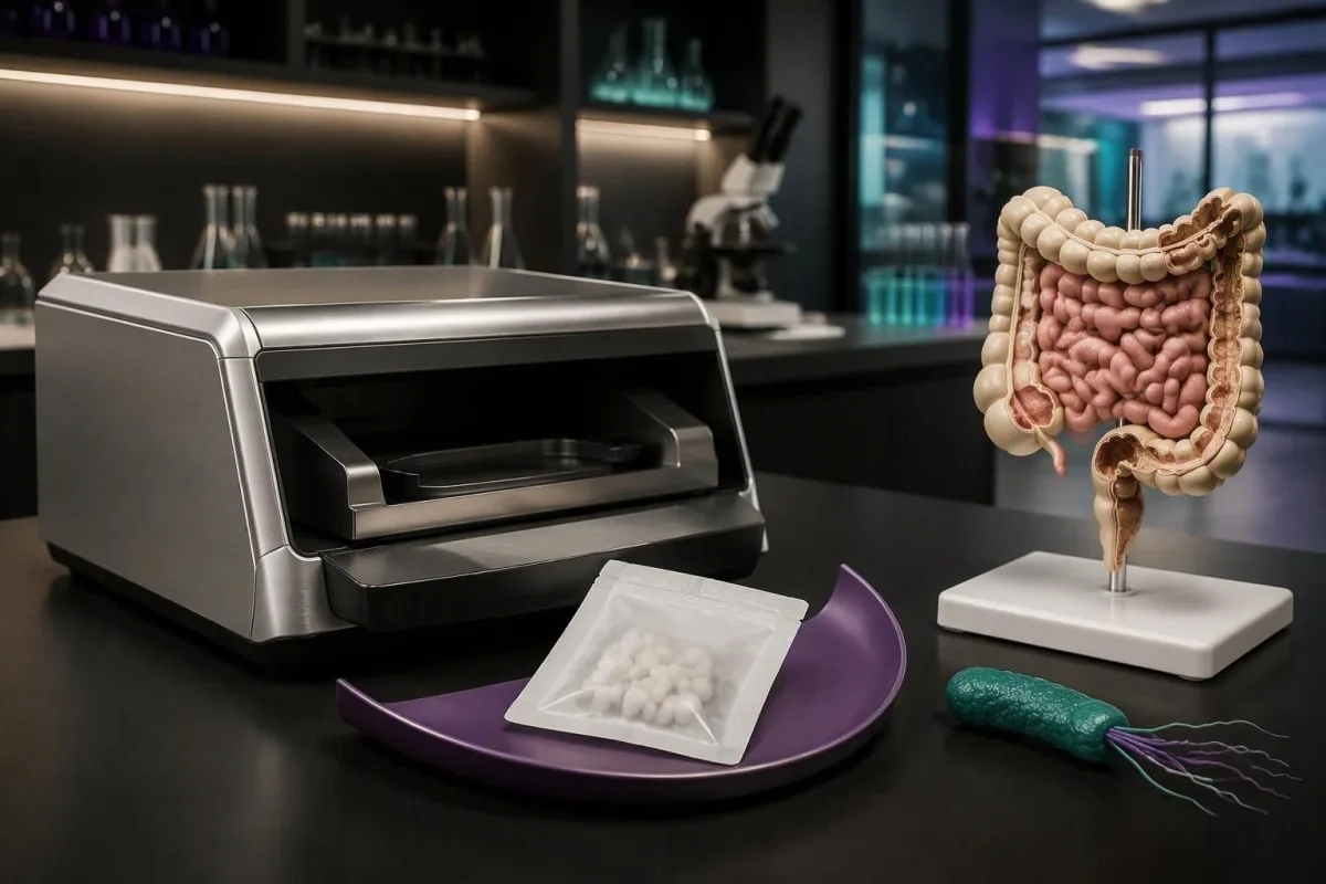Campylobacter PCR positive — pharmacy dispensing equipment beside short-course packaging and a bowel model