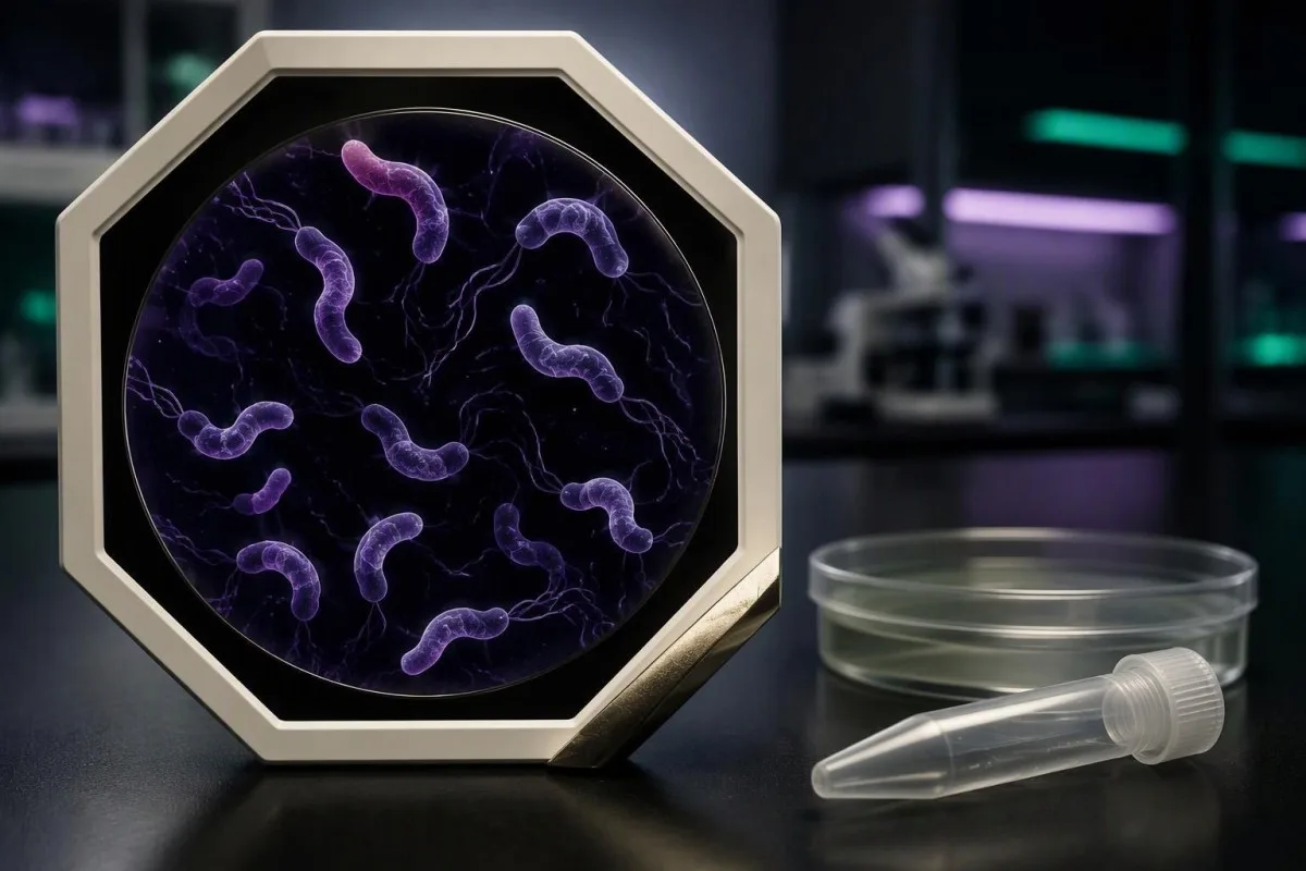 Campylobacter PCR positive — curved-bacterium culture view paired with molecular testing materials