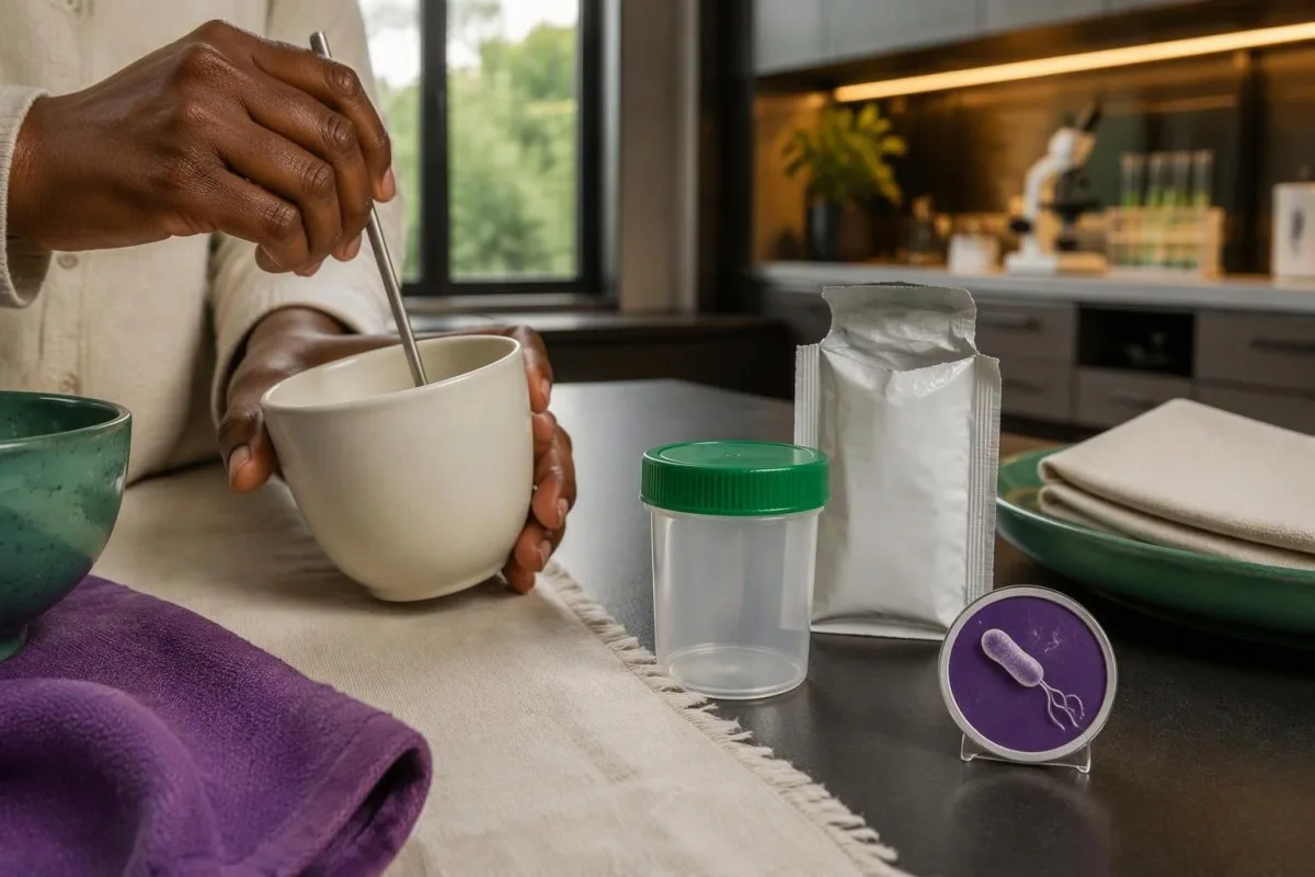 Campylobacter PCR positive — hands preparing oral rehydration solution beside stool specimen supplies