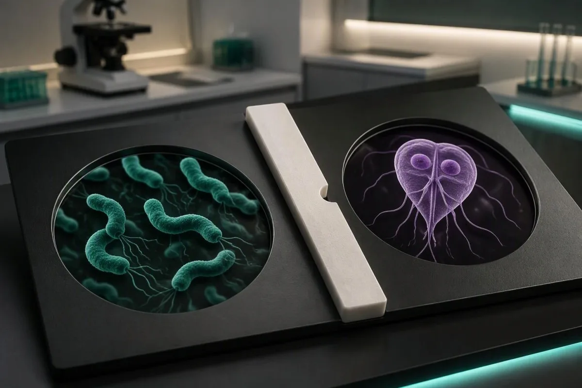 Campylobacter PCR positive — separate educational views of curved bacteria and a Giardia organism