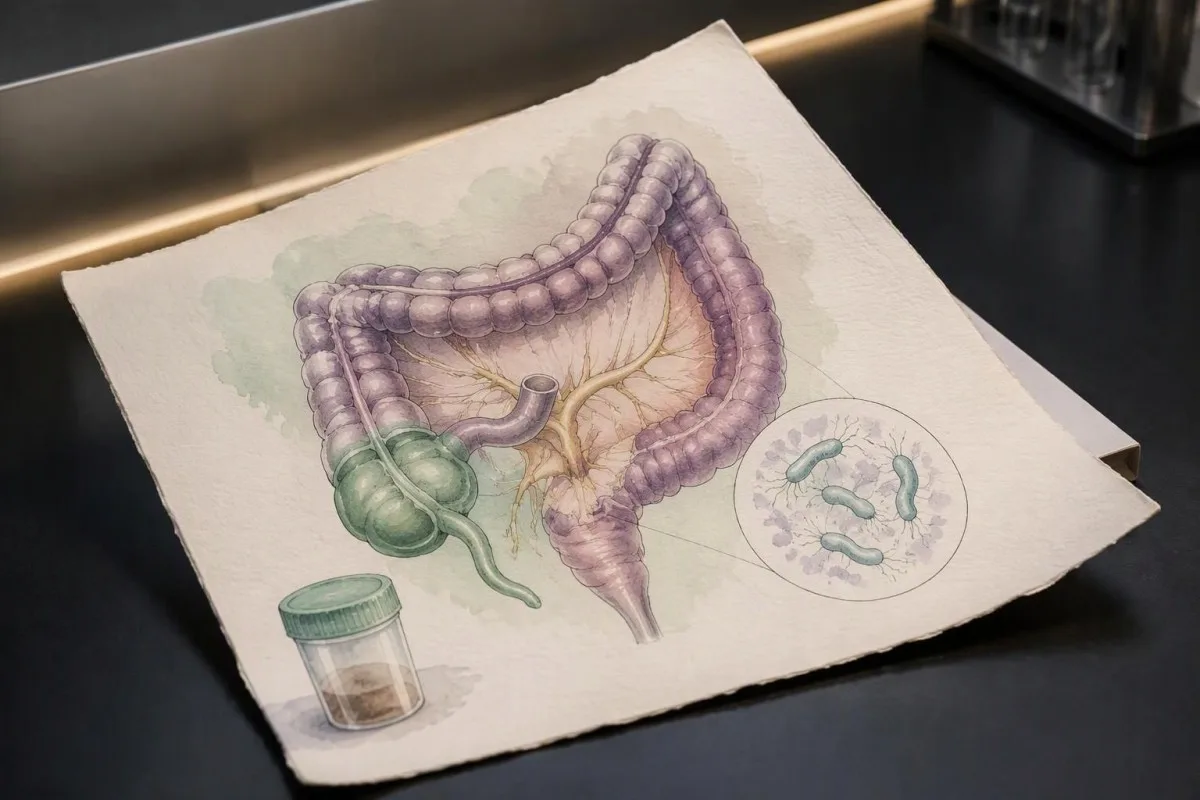 Campylobacter PCR positive — anatomical research illustration of the intestine and curved bacterial forms