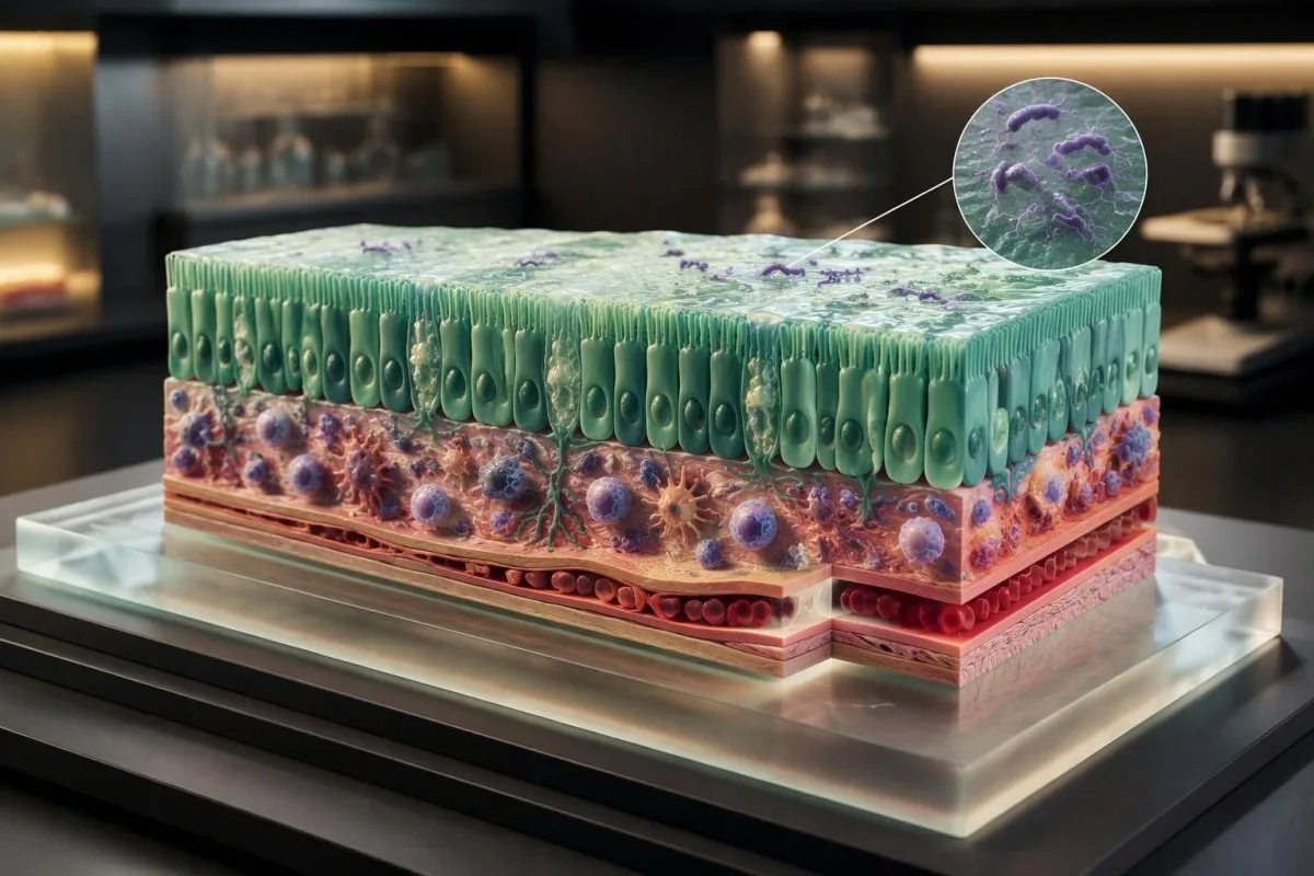 Campylobacter PCR positive — intestinal lining model showing epithelial recovery and curved bacteria