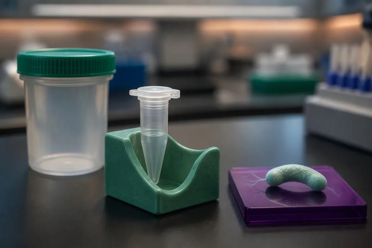 Campylobacter PCR positive — stool PCR preparation beside an educational curved-bacterium model
