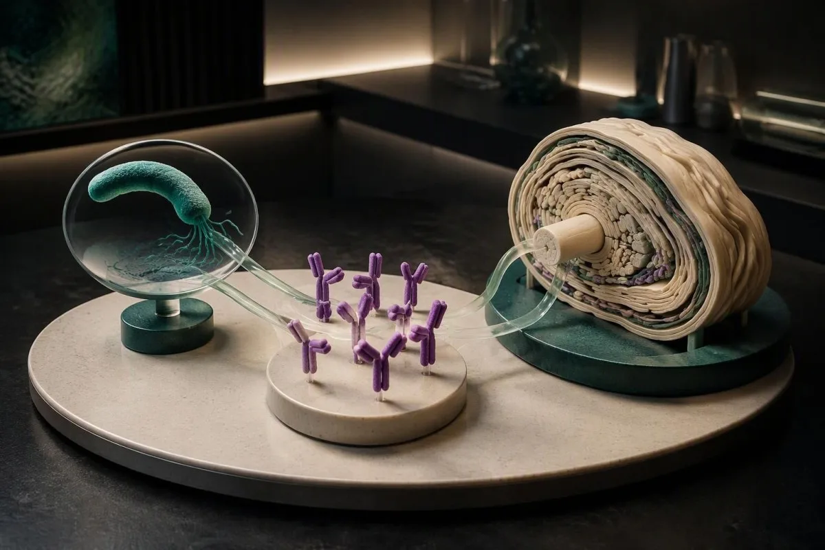 Campylobacter PCR positive — curved-bacterium model beside a peripheral nerve cross-section