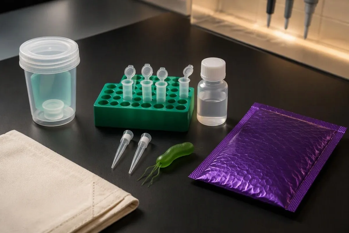 Campylobacter PCR positive — extraction supplies and a stool specimen container arranged for testing