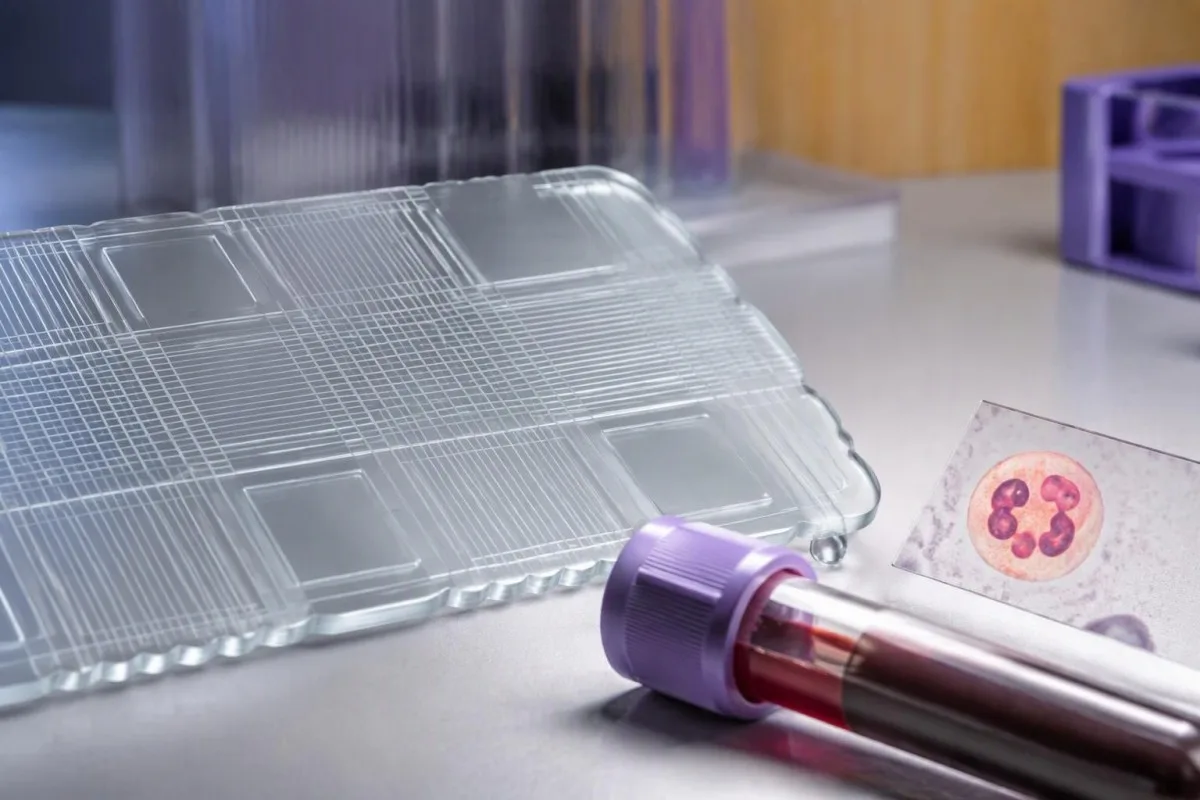Lavender-capped laboratory sample beside a differential counting chamber for ANC measurement