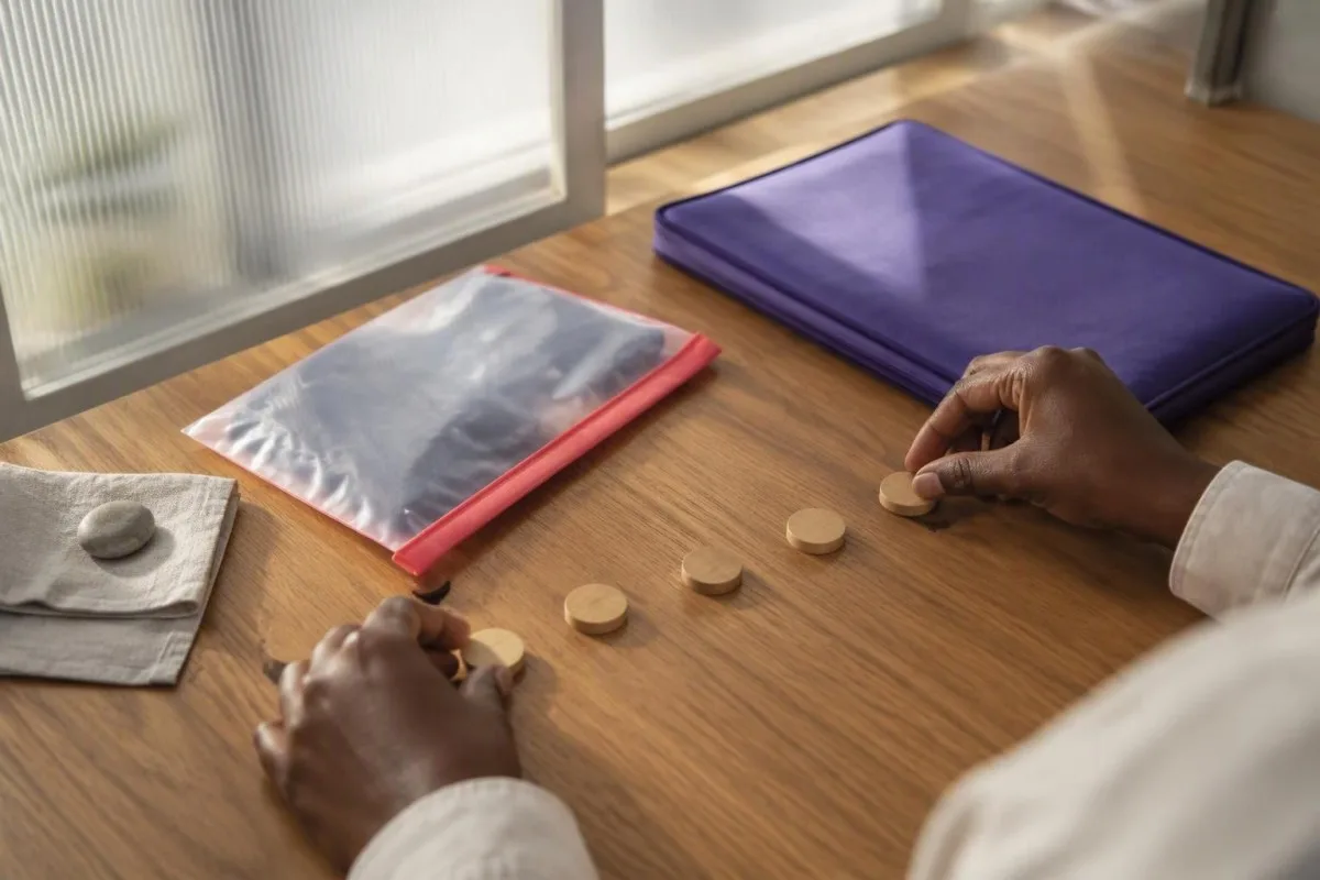 Patient hands organizing recurring laboratory appointments beside an unmarked clozapine care pouch