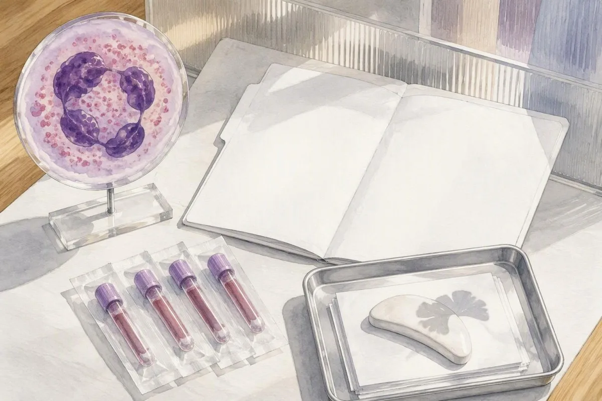 Watercolor illustration of an ANC result folder, neutrophil model and clinician review materials
