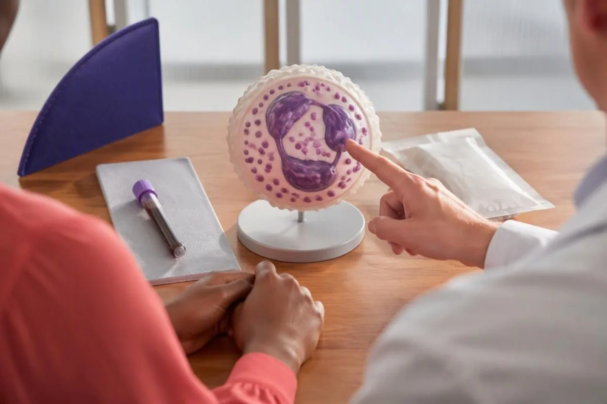 Hands reviewing a neutrophil model and laboratory sample during a clozapine monitoring consultation