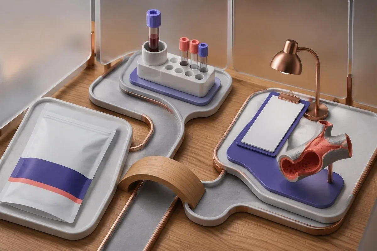 Physical clozapine restart pathway linking a closed medication pouch with laboratory and review objects