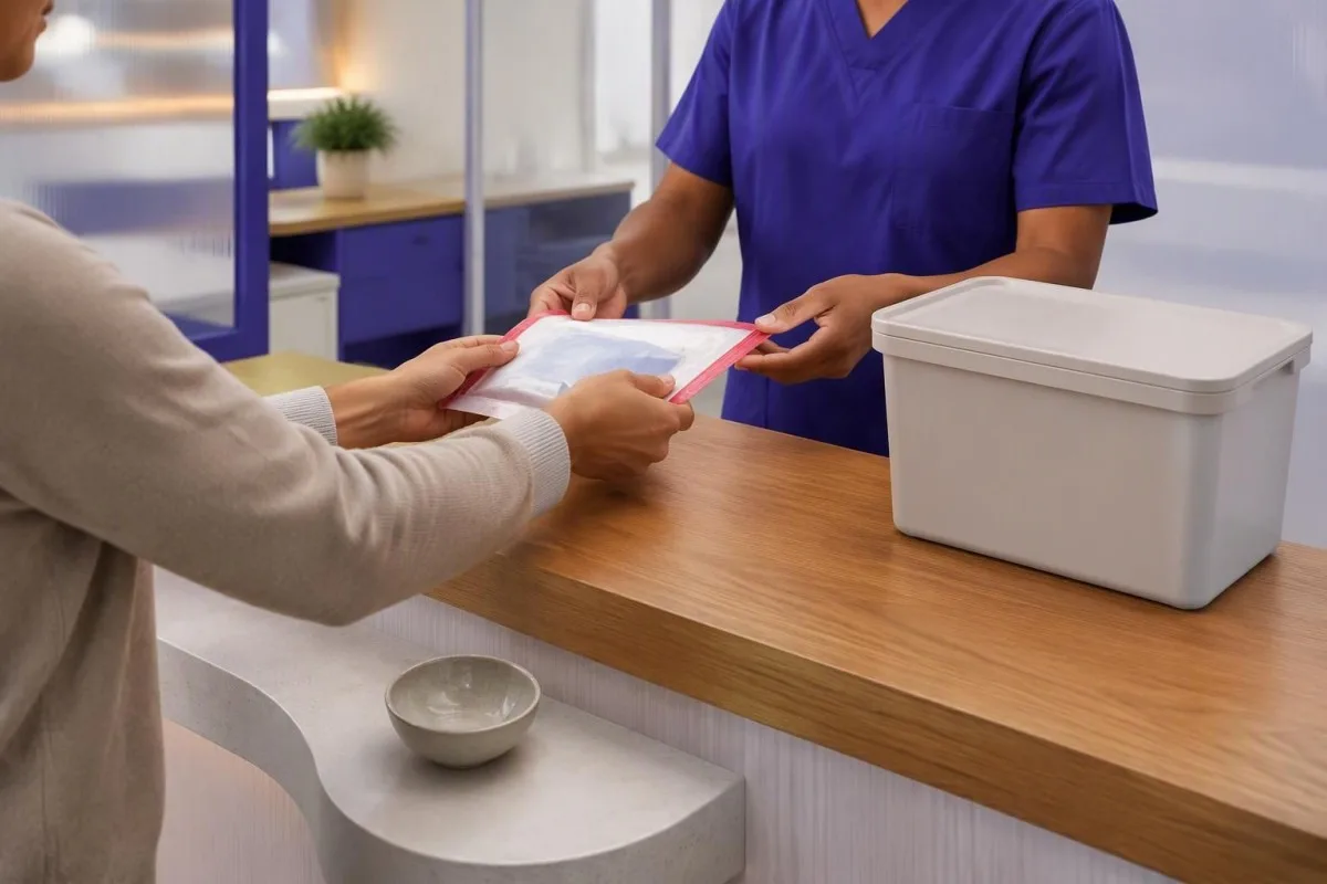 Standing patient handing a laboratory transport pouch to a pharmacy worker during clozapine follow-up