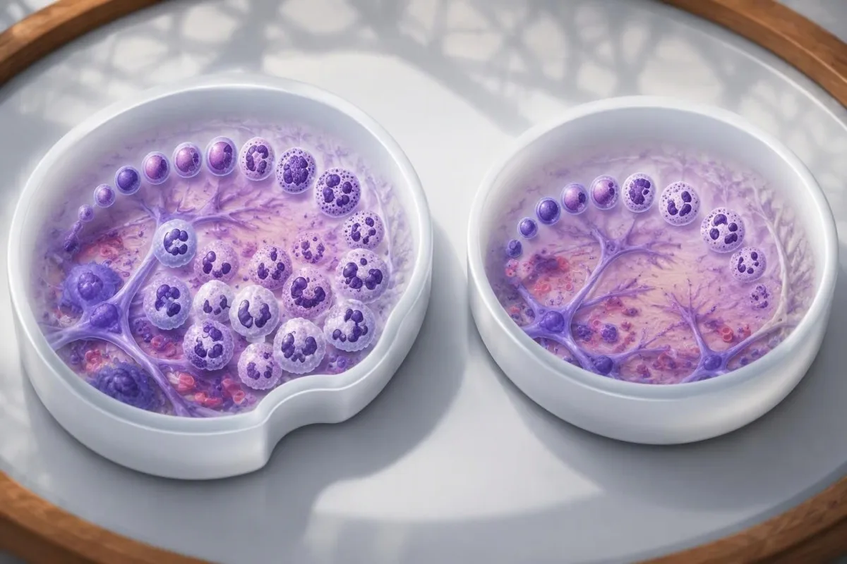 Paired marrow illustrations showing preserved neutrophil production beside markedly reduced production