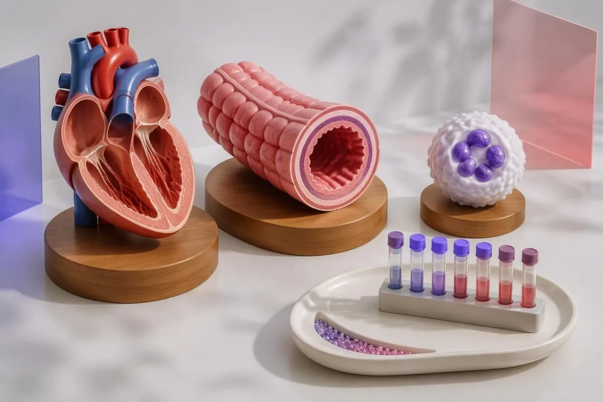 Educational organ cross-sections representing cardiac, bowel and metabolic checks alongside neutrophil monitoring
