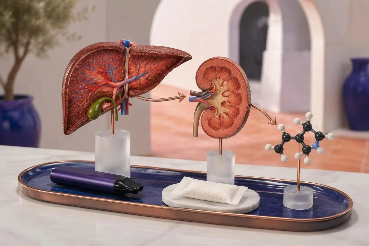 Diagram anatomik për testin e kotininës, që tregon rolet e veçuara të mëlçisë dhe veshkës në eliminimin e metabolitëve të nikotinës