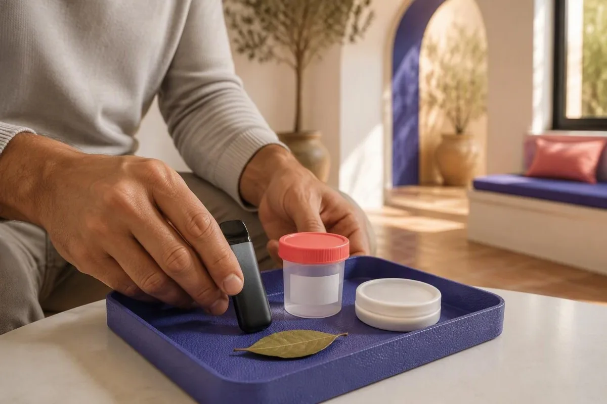 Kontekst i testit të kotininës, ku duart vendosin një pajisje vape pa markë pranë një kompleti për marrjen e mostrës