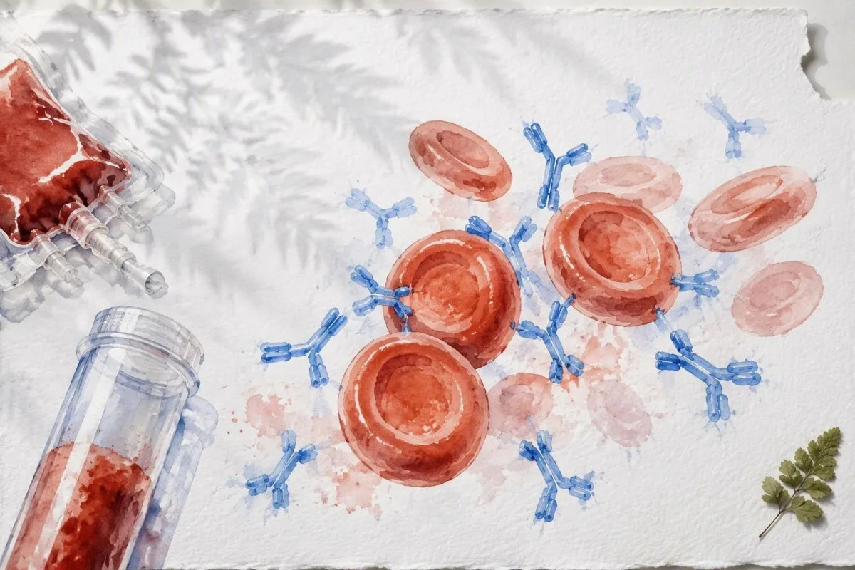 Crossmatch test illustrated with recipient antibodies and donor cellular elements in a watercolor study