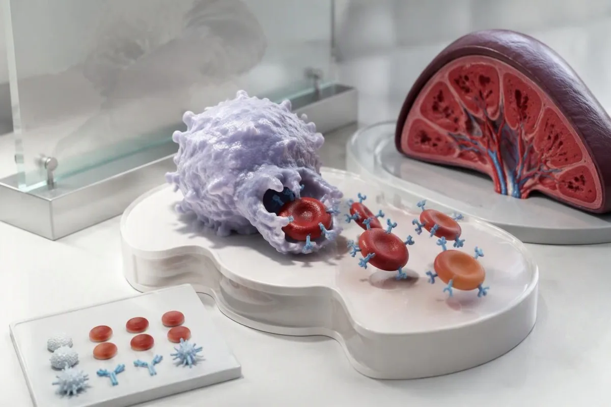 Crossmatch test safety pathway showing antibody-coated cellular elements and red-cell clearance mechanisms