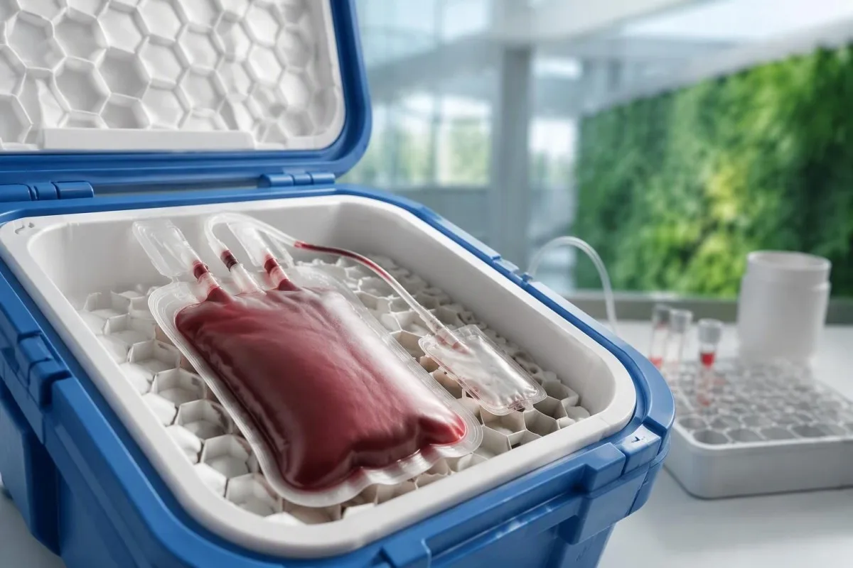 Crossmatch test emergency context showing a sealed red-cell component pouch beside compatibility equipment