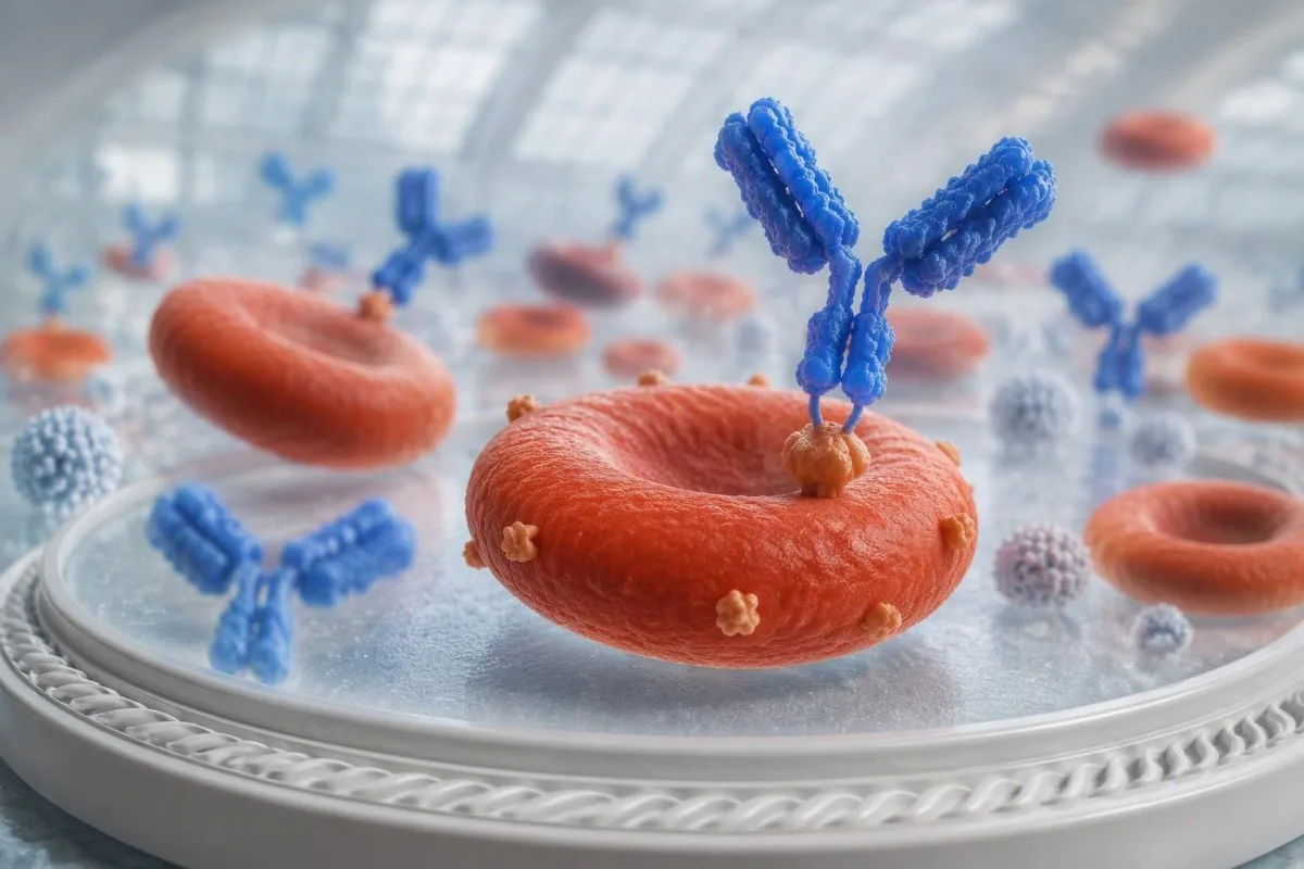 Crossmatch test molecular illustration showing antibody binding to a non-ABO donor-cell antigen
