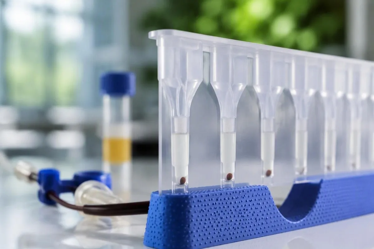 Crossmatch test gel card and donor-unit segment prepared for laboratory compatibility testing