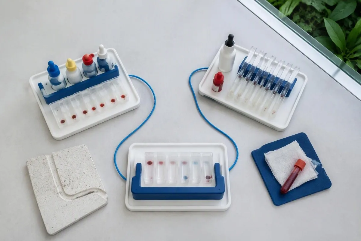 Crossmatch test workflow showing separate typing, antibody screening, and donor-unit checking stations