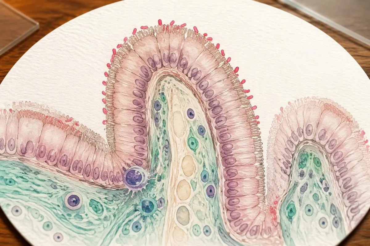Kriptosporīdija pozitīva zarnu ilustrācija, kurā attēlota parazīta piesaiste un imūnā vide