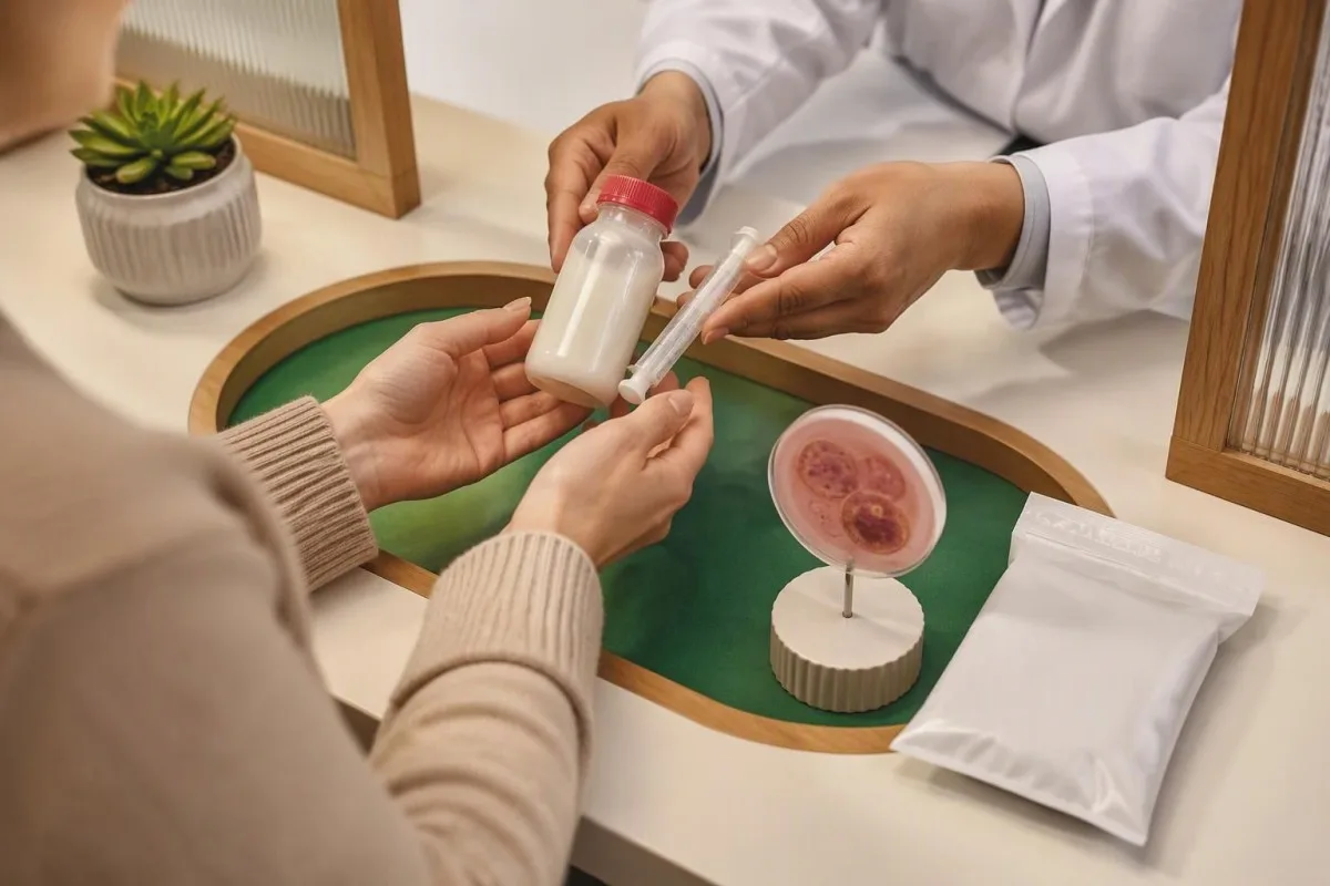 Aptiekas konsultācija par pozitīvu Cryptosporidium rezultātu ar suspensijas pudelīti un ierīci zāļu iekšķīgai dozēšanai
