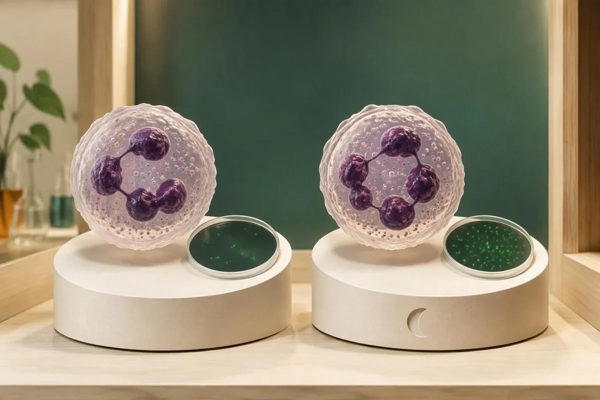 DHR test results illustrated by neutrophils with near-absent and partially preserved oxidative activity