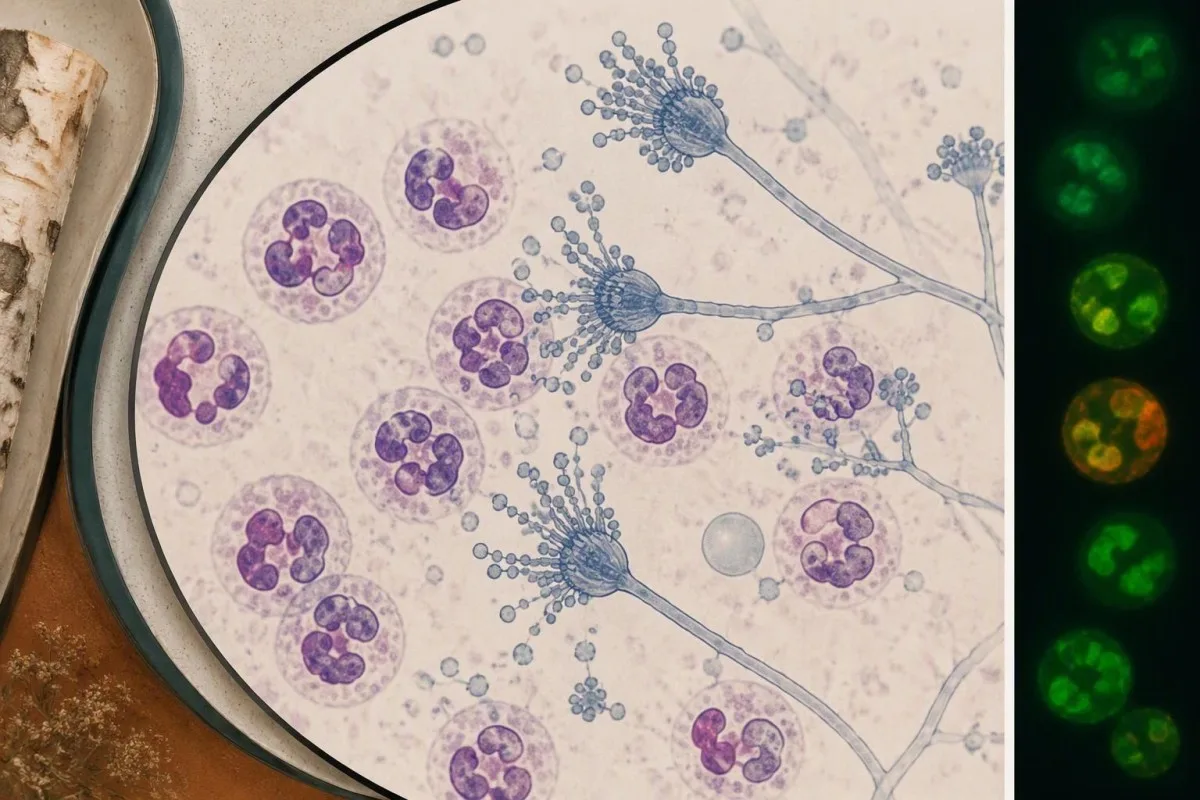 DHR test results contextualized by an educational microscopic view of neutrophils and Aspergillus conidia