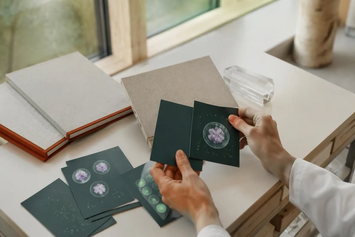 DHR test results evidence review shown with fluorescence-pattern cards and separate research folders