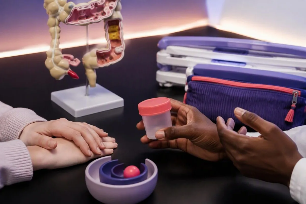Hands-only pediatric consultation with a colon model, growth measurement equipment, and stool container