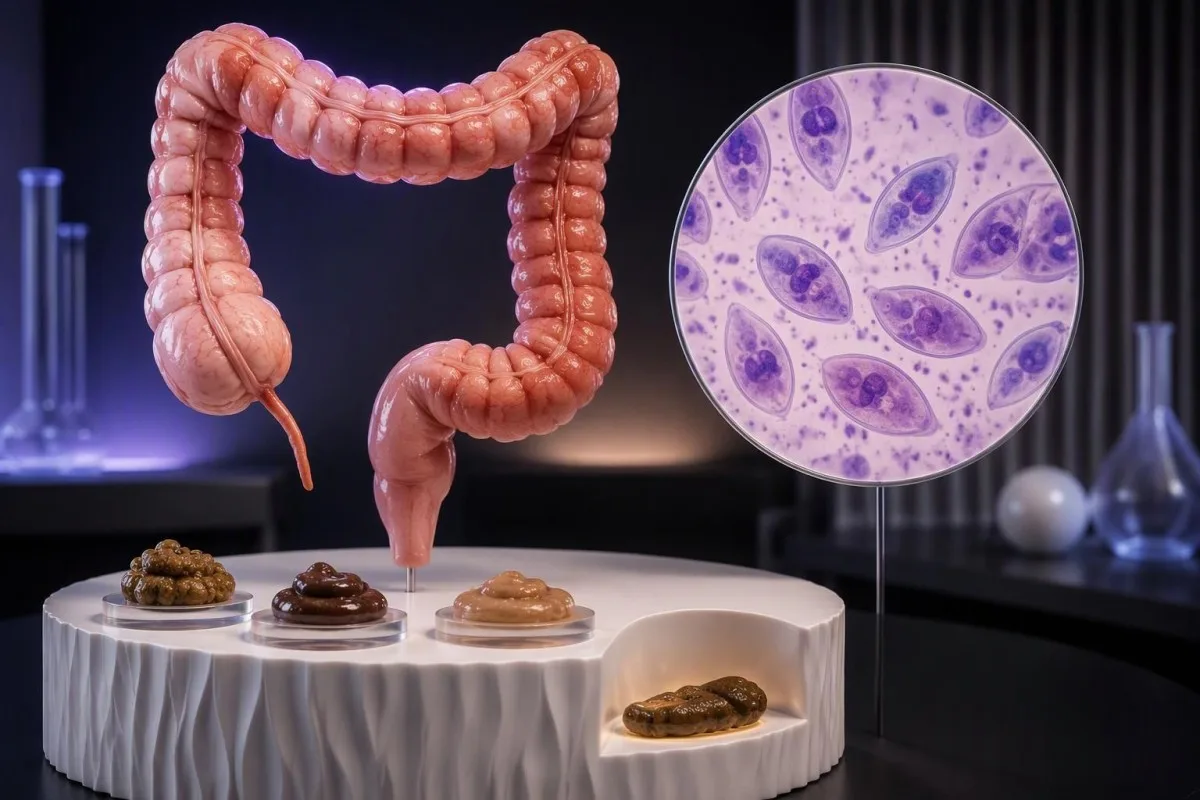 Isolated colon illustration with luminal Dientamoeba fragilis and a stool consistency model