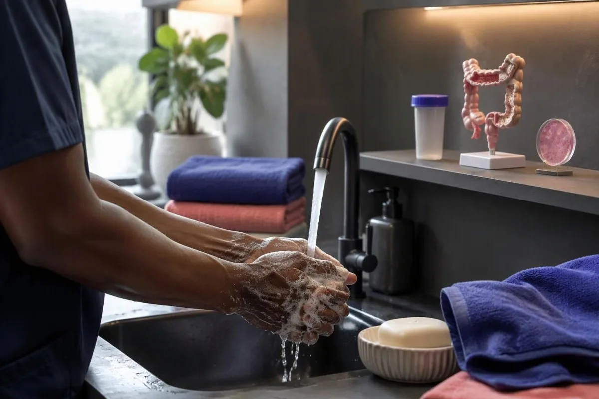 Hands washing beside a closed stool specimen transport kit in a modern clinical preparation area