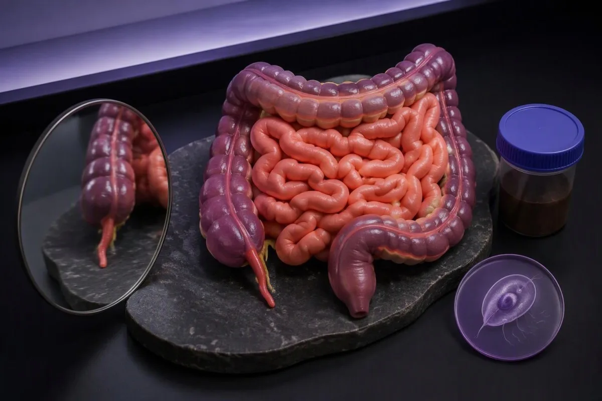 Digestive anatomy study emphasizing the colon, appendix, and areas requiring clinical assessment