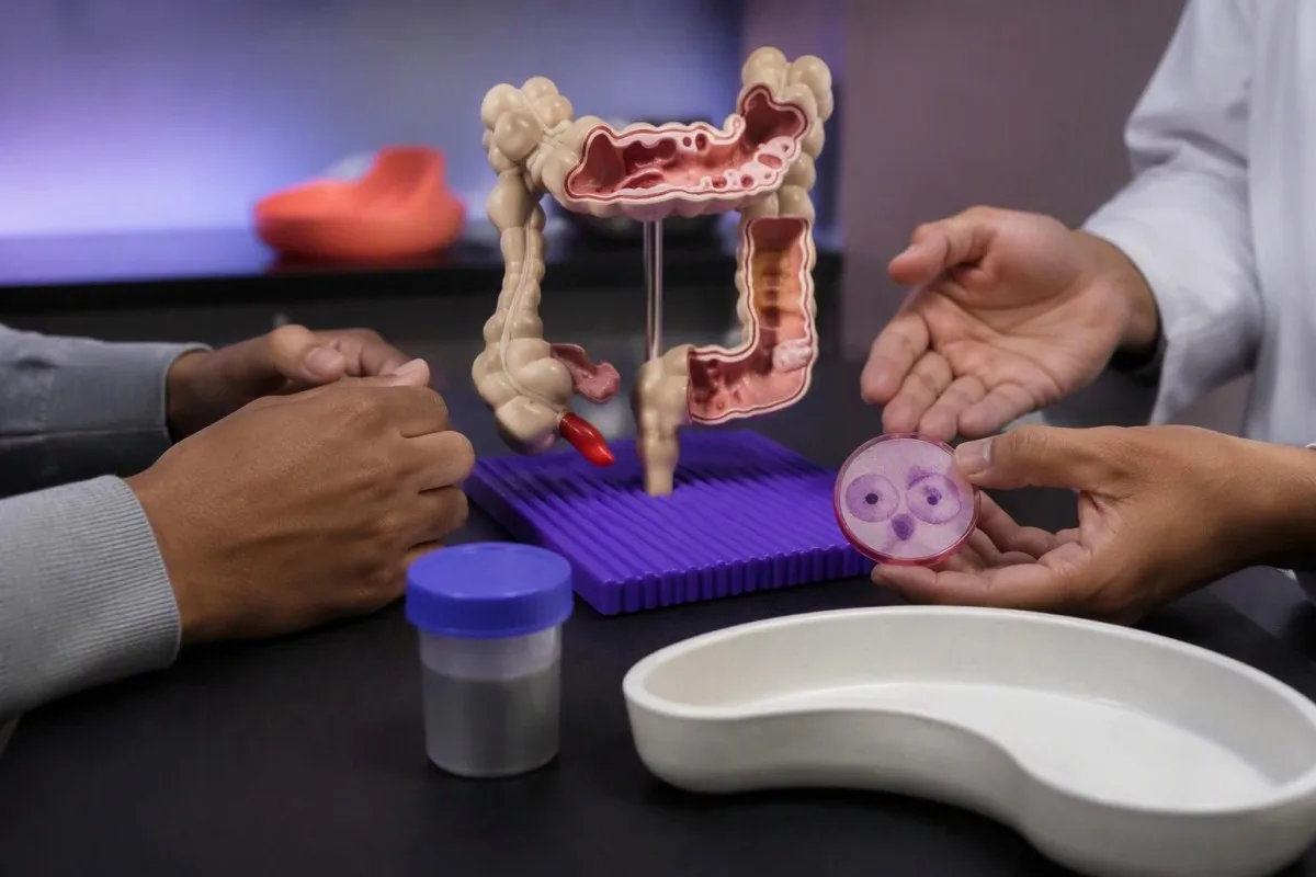 Clinical discussion of a positive Dientamoeba fragilis stool result beside a colon model