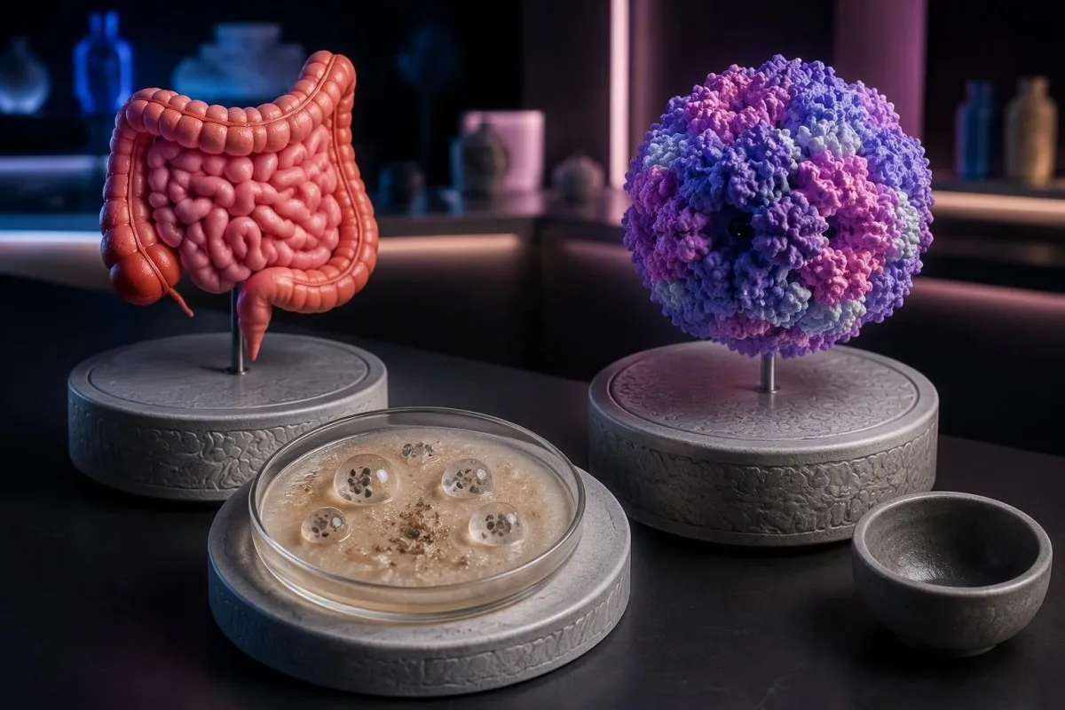Ferritin protein illustration beside intestinal context and a separate Dientamoeba fragilis specimen view