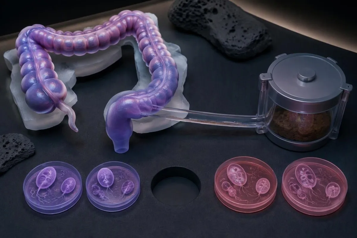 Intestinal transit diorama connecting sample collection with post-treatment reassessment