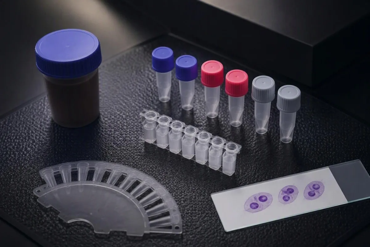 Separated stool PCR reaction vessels illustrating assessment of multiple detected organisms