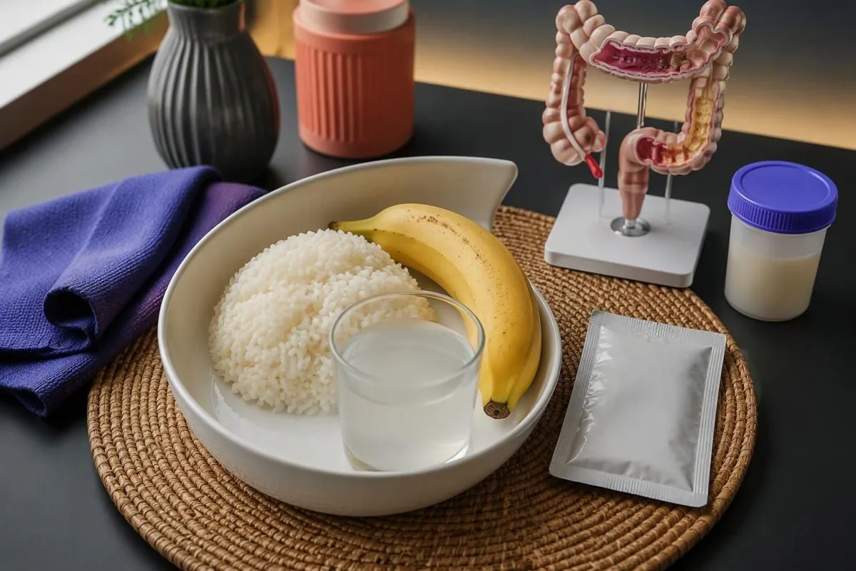 Symptom-supportive foods, oral rehydration supplies, and a colon model prepared for a clinical review