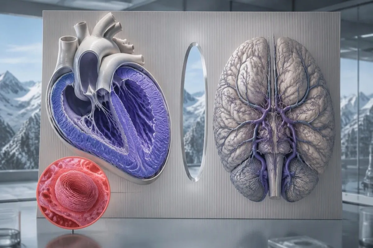Cardiac cross-section with enlarged lysosomes alongside cerebral vascular anatomy
