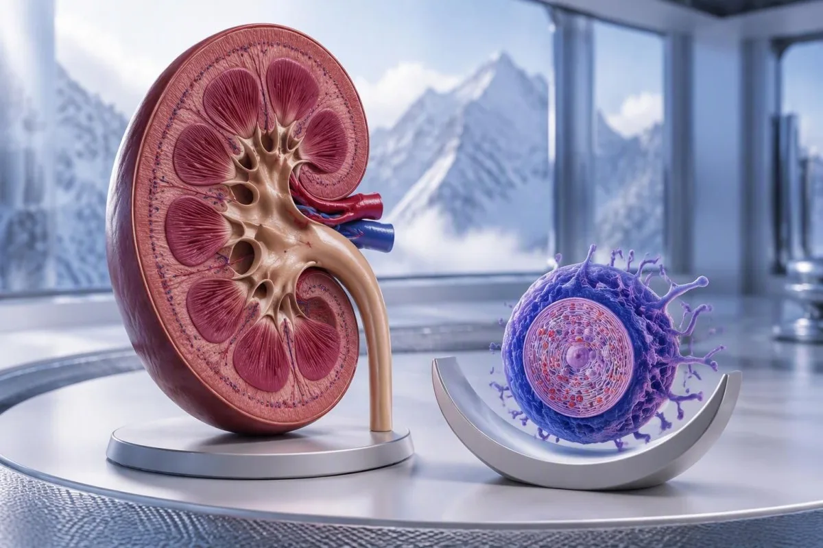 Kidney cross-section with enlarged podocyte lysosomes relevant to Fabry nephropathy