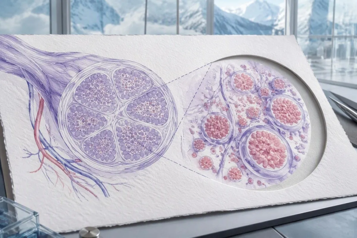Peripheral nerve anatomical study showing small fibers and enlarged lysosomal compartments
