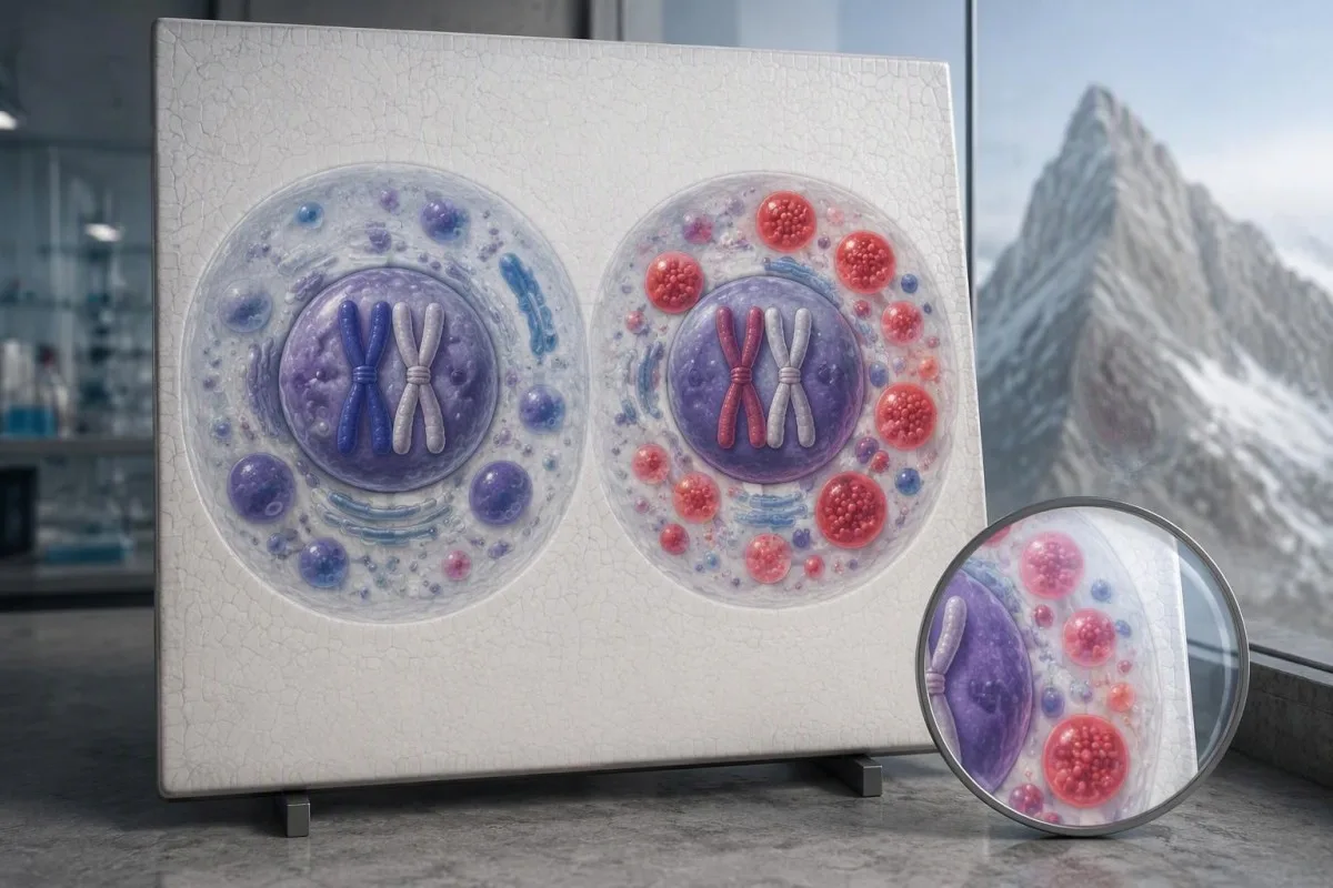 Educational cellular mosaic showing different X-chromosome expression and lysosomal storage