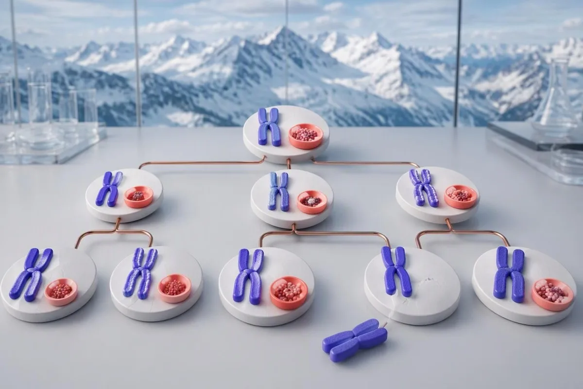 Physical family inheritance diorama with X-chromosome models and Fabry lysosome medallions