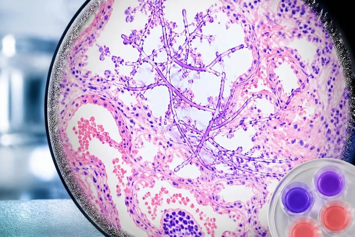Galactomannan Test Positive: Serum, BAL and False Alarms 14 Galactomannan test positive — educational tissue view showing septate fungal hyphae