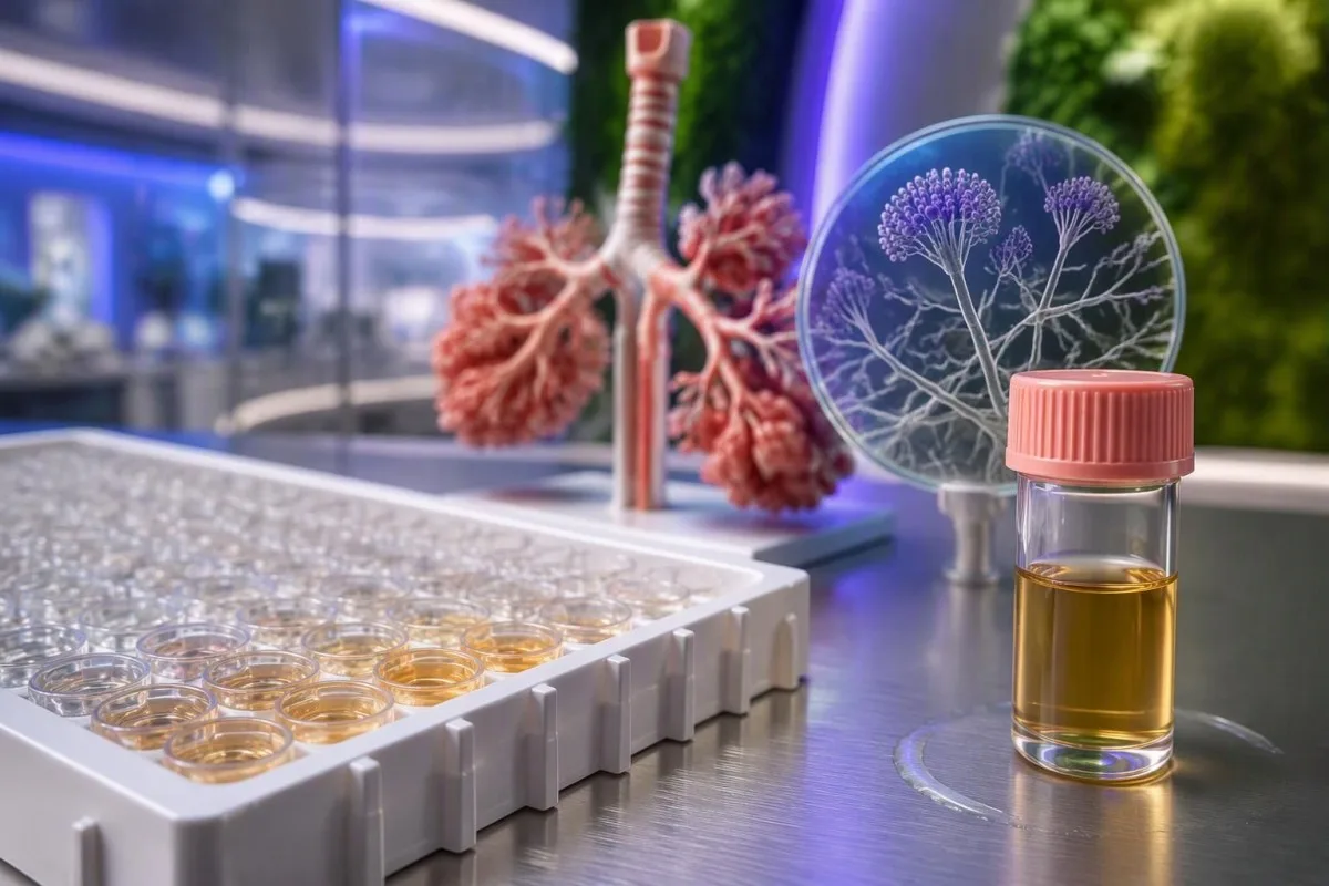 Galactomannan Test Positive: Serum, BAL and False Alarms 3 Galactomannan test positive — antigen assay wells beside an educational Aspergillus airway model