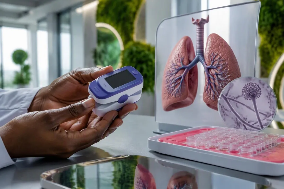 Galactomannan Test Positive: Serum, BAL and False Alarms 12 Galactomannan test positive — respiratory assessment equipment beside an Aspergillus lung diagram