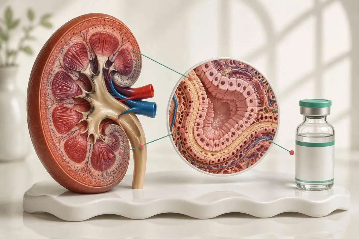 Gentamicin Levels: Peak, Trough and Kidney Safety Guide 11 Gentamicin levels kidney safety illustrated by a renal cross-section and proximal tubule detail