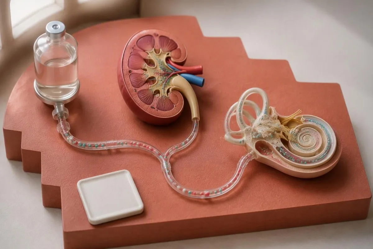 Gentamicin Levels: Peak, Trough and Kidney Safety Guide 16 Gentamicin levels pathway shown with an infusion source, kidney, and inner-ear diorama