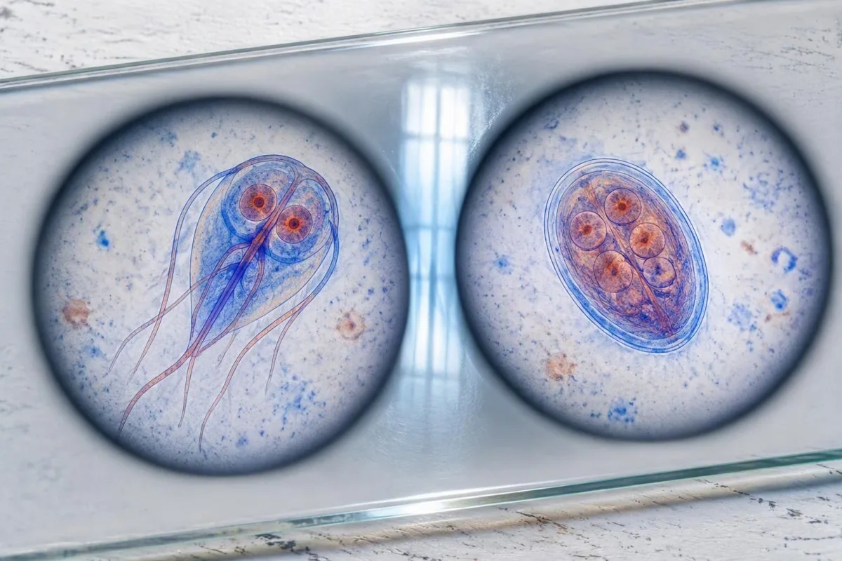 Учебное микроскопическое сравнение морфологии трофозоита Giardia и зрелой цисты